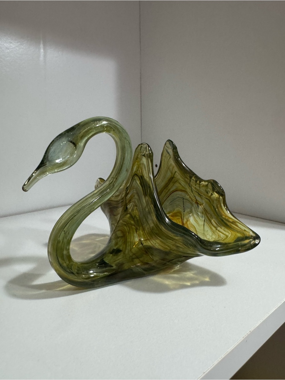 Handblown Olive Green Glass Swan Centerpiece